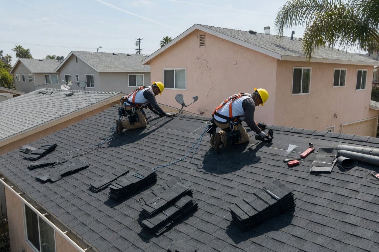 Tekton roofing crew installing architectural asphalt shingles in Southern California