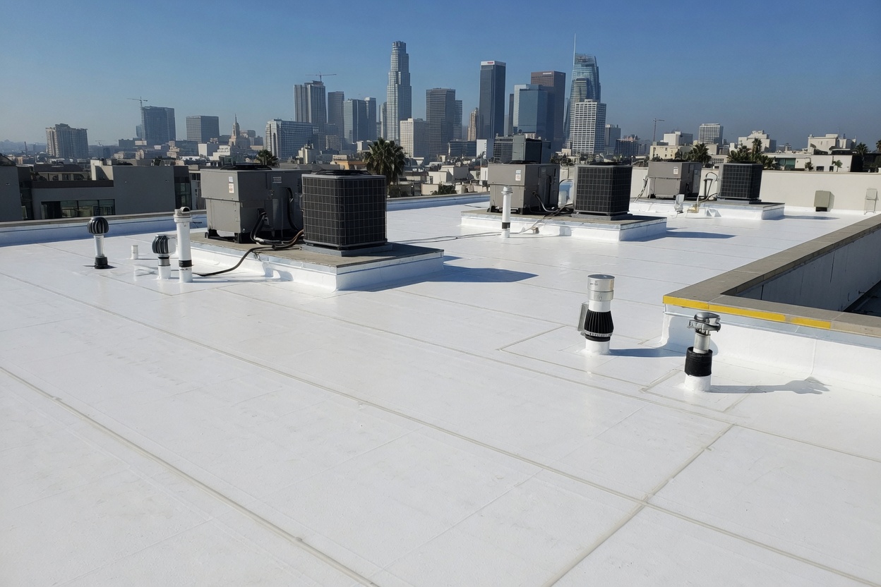 Newly installed white TPO membrane on a Southern California low-slope roof