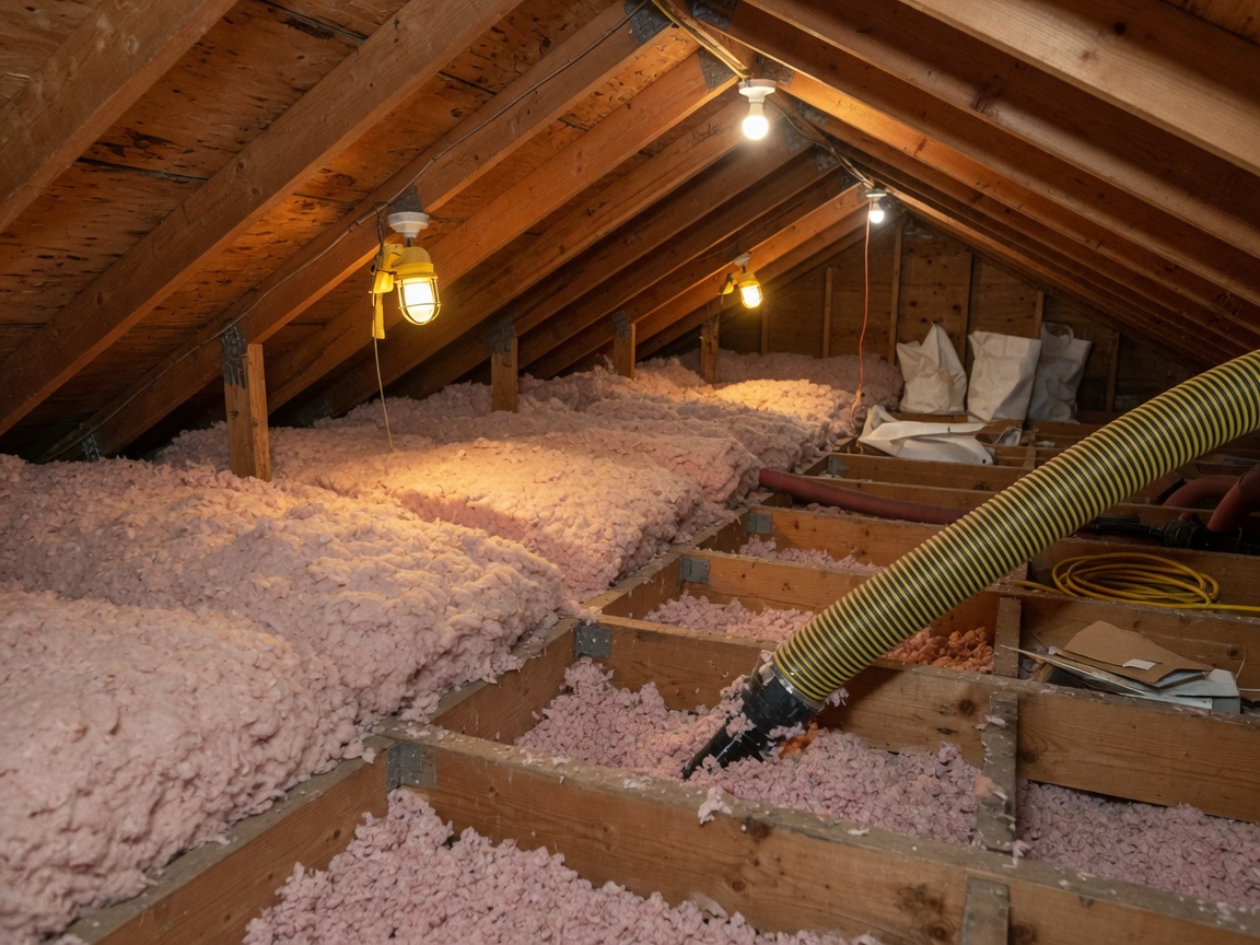 Blown-in attic insulation being installed in a Southern California home