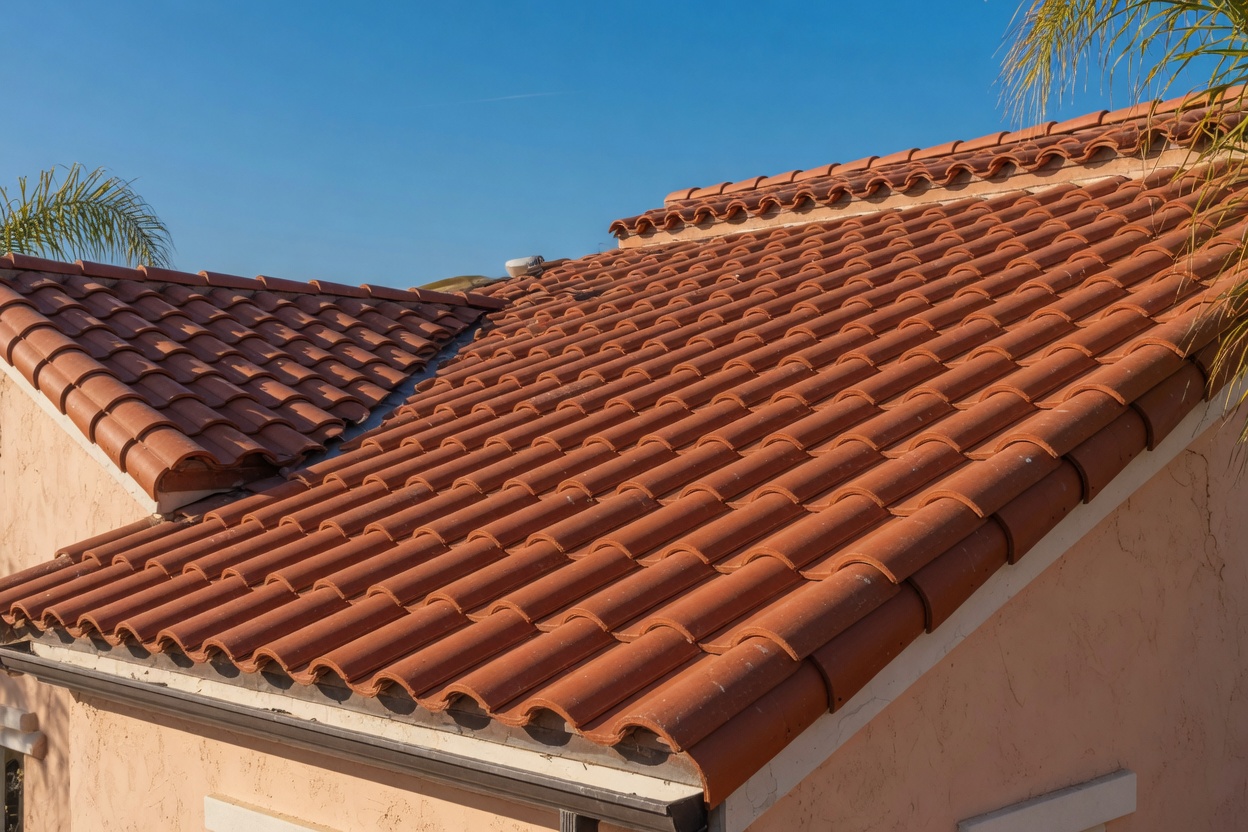 Newly installed terracotta barrel clay tile roof on a Southern California home